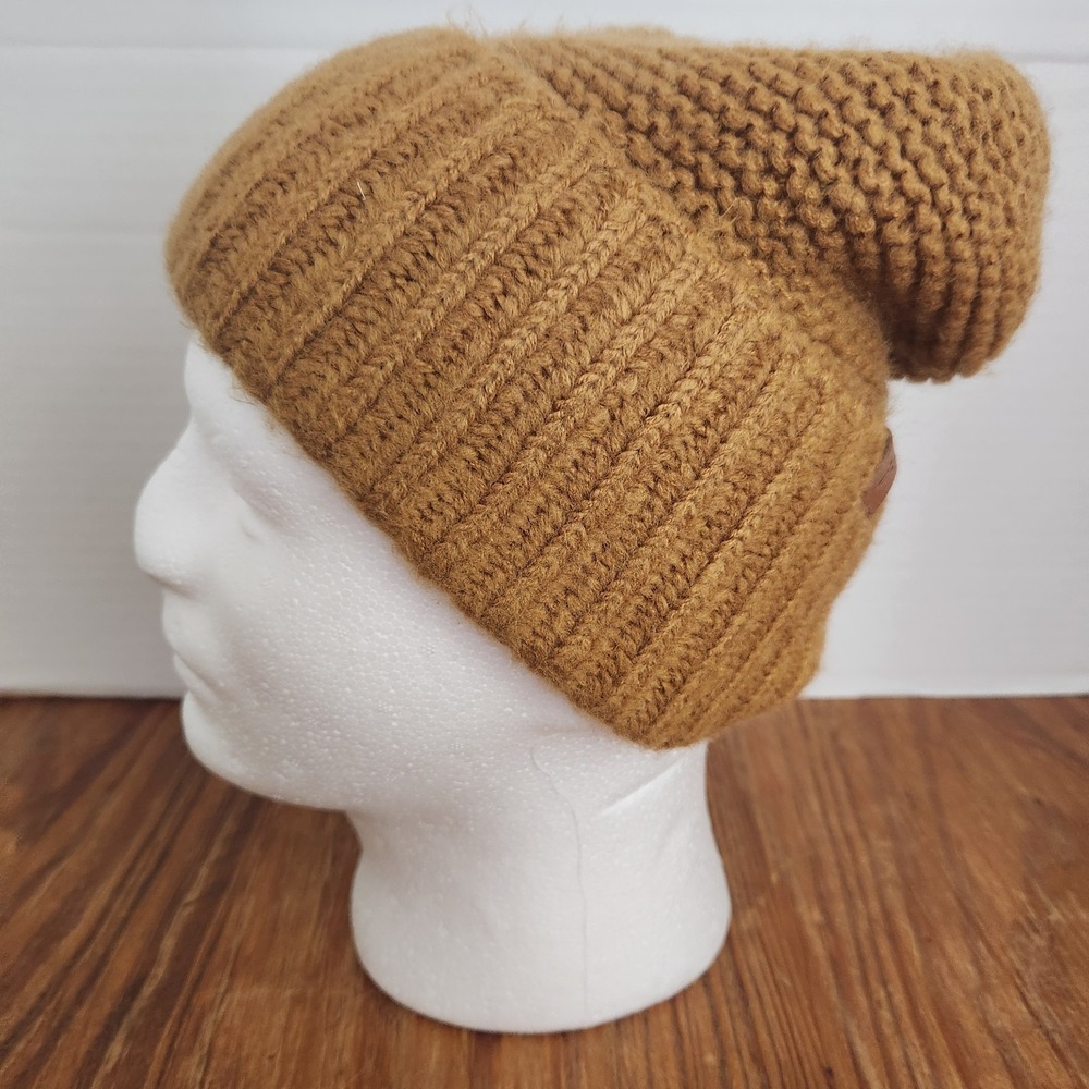 Frye Knit Ribbed Cable Cuffed Beanie Hat Beige Brown Ski Snow Winter Neutral